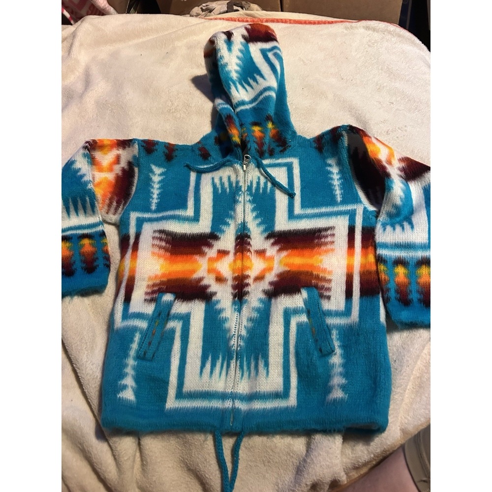 Handmade Ecuador Wool Southwestern Zip Hoodie Sweater Kids Size 4 Turquoise